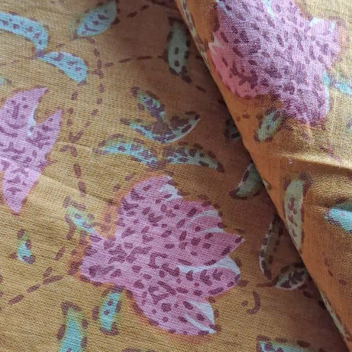 Mustard yellow with pink floral Printed Cotton Fabric