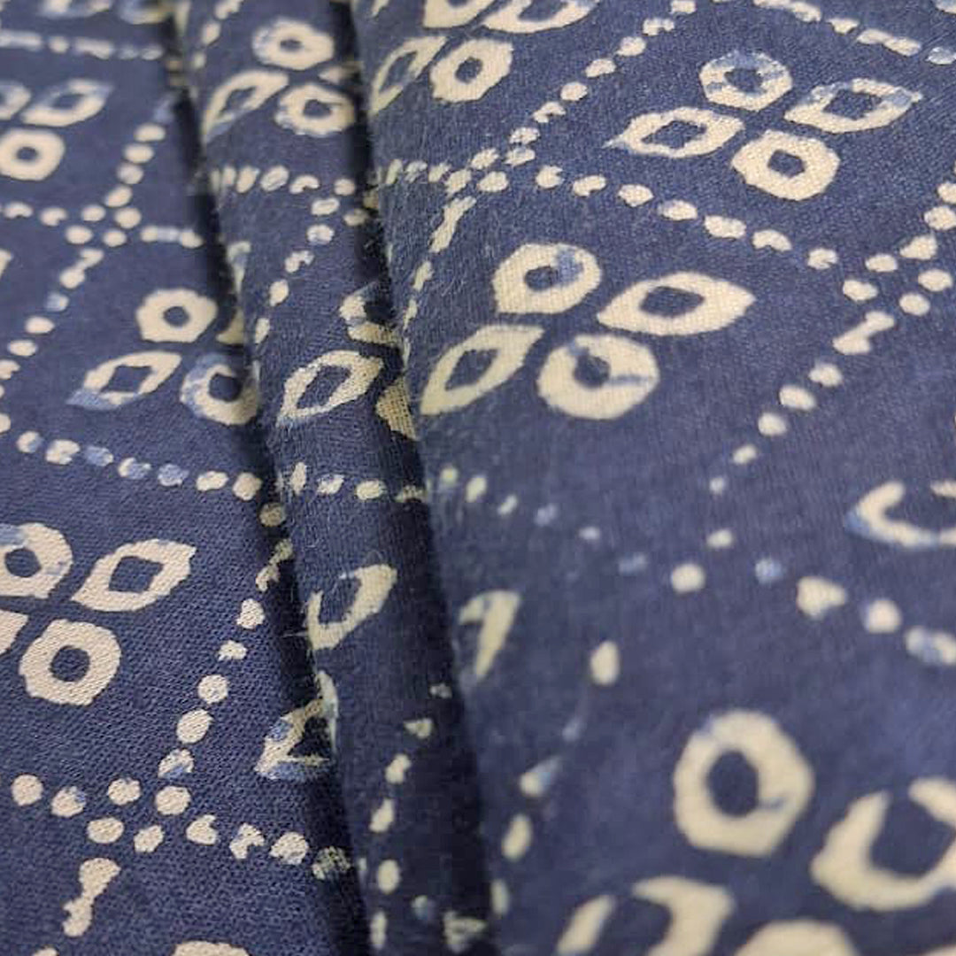 Navy Blue With White Floral Printed Cotton Fabric