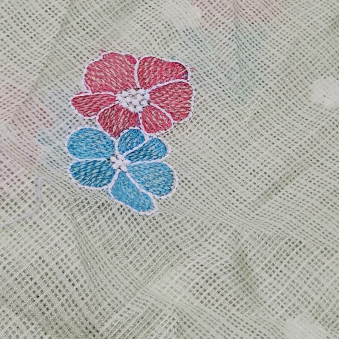 Kota Checks Embroidery Unstitched  Fabric |  Beautiful Flower Design | Perfect for Kurti, Gown, & Ethnic Wear (Pista)