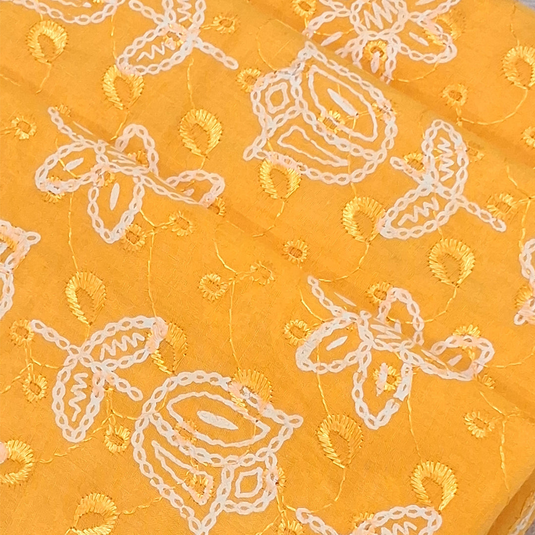Cotton Chikan Fabric with White Tulip & Daisy Embroidery | Available in 3 Elegant Colors | Ideal for Ethnic Wear