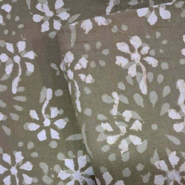 Mehandi Shade With White Flower Hand Block Dabu Cotton Fabric
