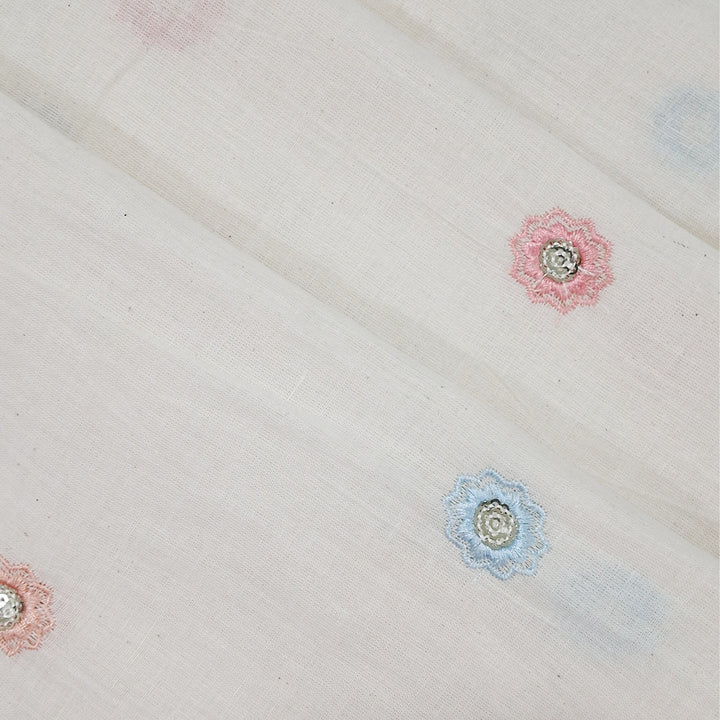 Kora Cotton With Multicolour Zigzag Petal Floral Butti Embroidery work |Soft Handloom Look | Ideal for Kurtis, Blouses & Dupattas