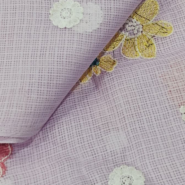 Kota Checks Embroidery Unstitched  Fabric |  Beautiful Flower Design | Perfect for Kurti, Gown, & Ethnic Wear (Baby Pink)