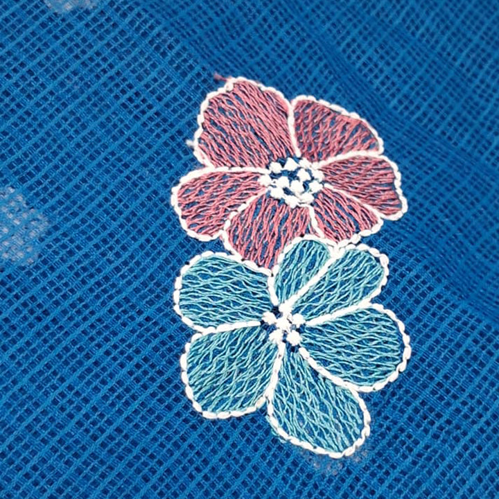 Kota Checks Embroidery Unstitched  Fabric |  Beautiful Flower Design | Perfect for Kurti, Gown, & Ethnic Wear (Peacock Blue)