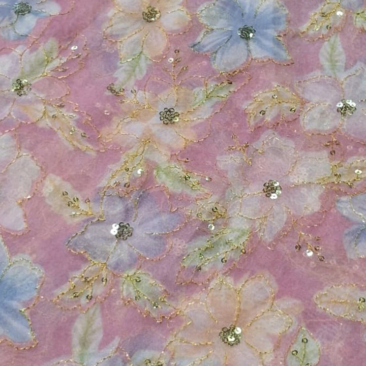 Rose Pink Organza Embroidered Fabric