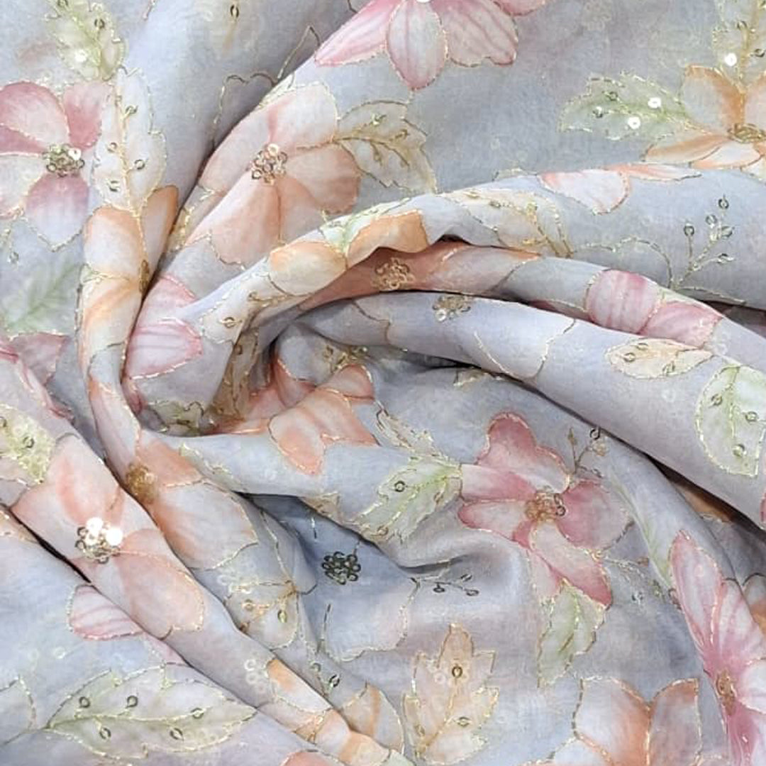 Pearl Grey Organza Embroidered Fabric