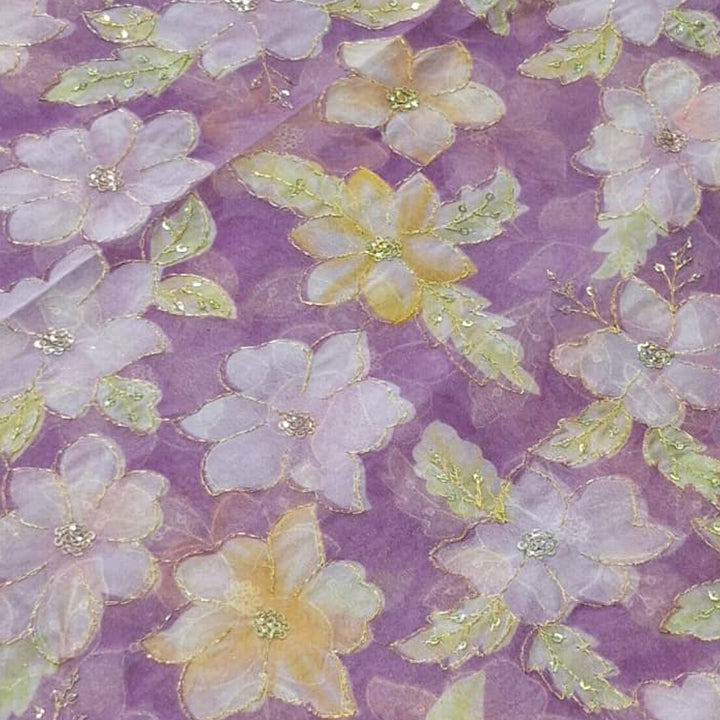 Lavender With Pastel Yellow Organza Embroidered Fabric