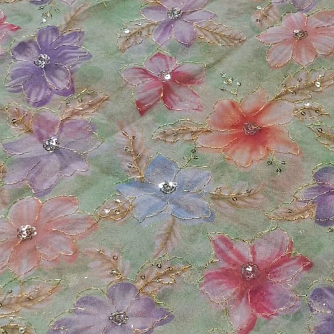 Pista Green Organza Embroidered Fabric