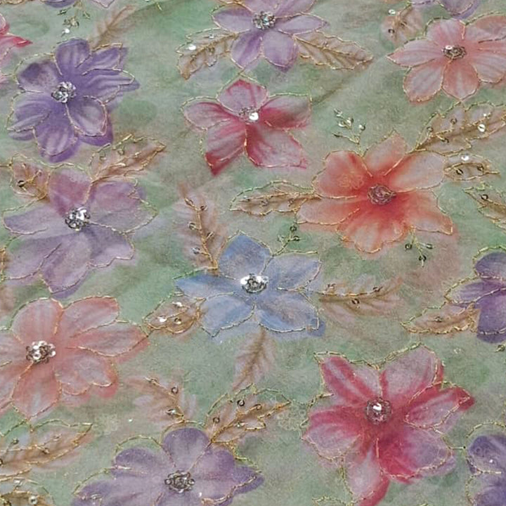 Pista Green Organza Embroidered Fabric