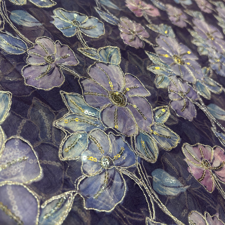 Dark Lavender Organza Embroidered Fabric
