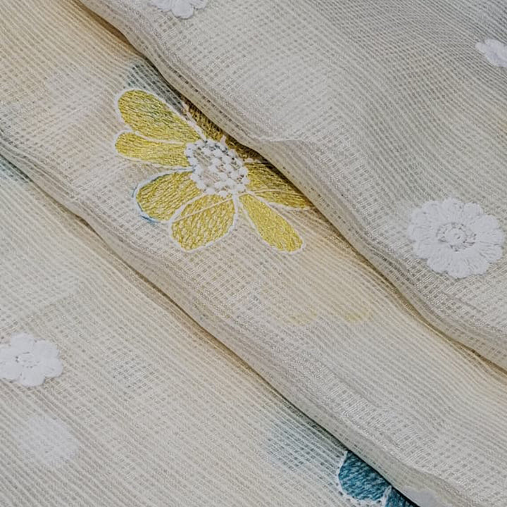 Kota Checks Embroidery Unstitched  Fabric |  Beautiful Flower Design | Perfect for Kurti, Gown, & Ethnic Wear (Cream)
