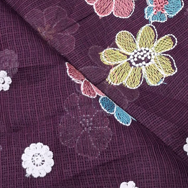 Kota Checks Embroidery Unstitched  Fabric |  Beautiful Flower Design | Perfect for Kurti, Gown, & Ethnic Wear (Wine)