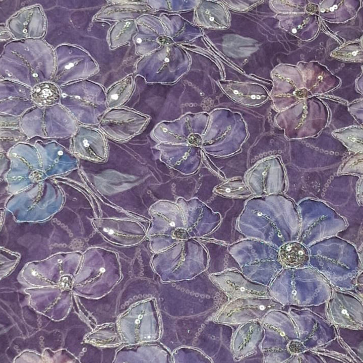 Deep Violet Elegant Organza Embroidered Fabric
