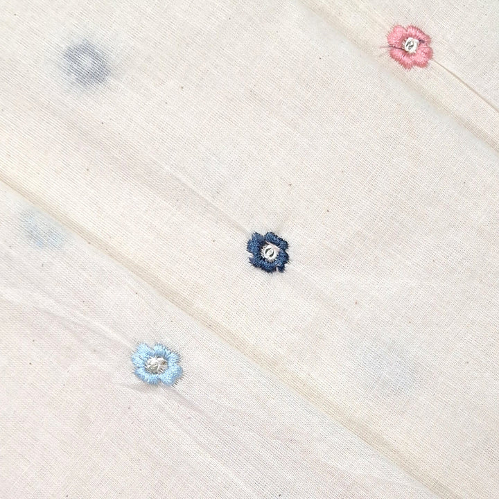 Kora Cotton Fabric with All-Over Small Multicolour Floral Embroidery | Soft Handloom Look | Ideal for Ethnic Wear & Summer Outfits