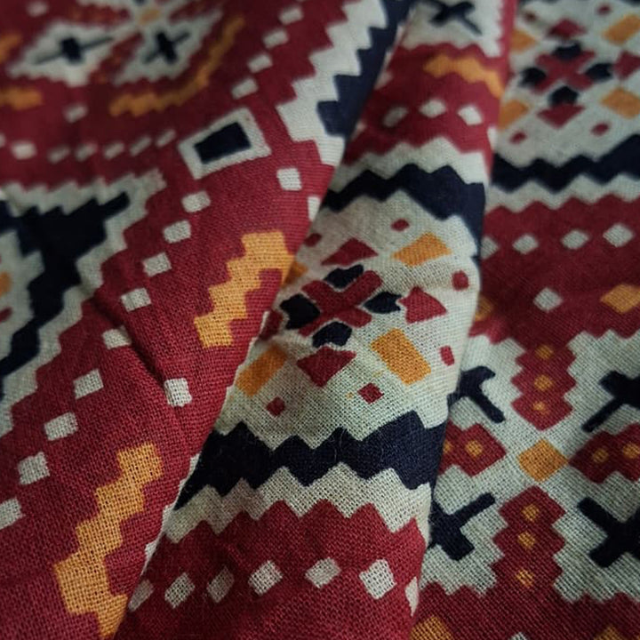 Red With Multicolor Printed Cotton Fabric