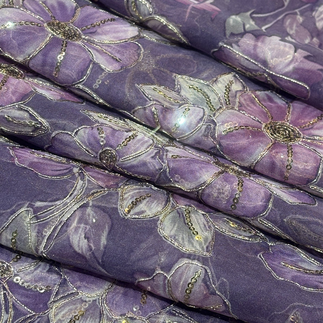 Lavender Plum Organza Embroidered Fabric