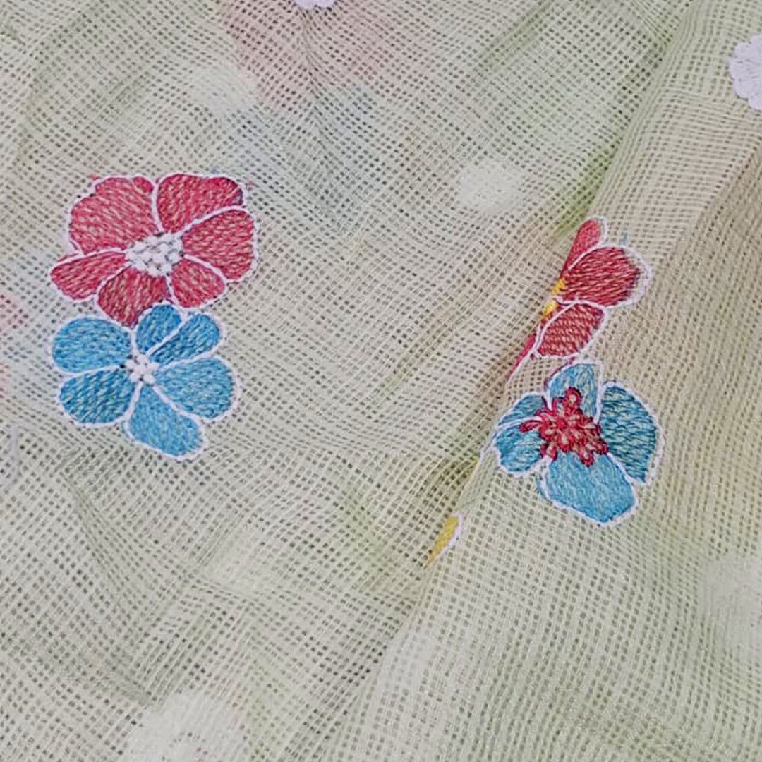 Kota Checks Embroidery Unstitched  Fabric |  Beautiful Flower Design | Perfect for Kurti, Gown, & Ethnic Wear (Pista)
