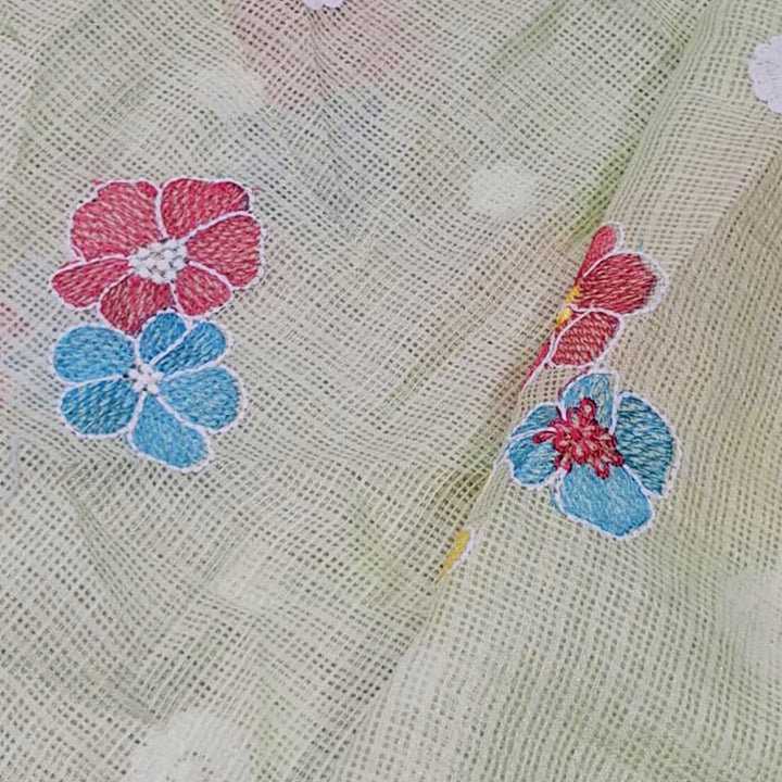 Kota Checks Embroidery Unstitched  Fabric |  Beautiful Flower Design | Perfect for Kurti, Gown, & Ethnic Wear (Pista)