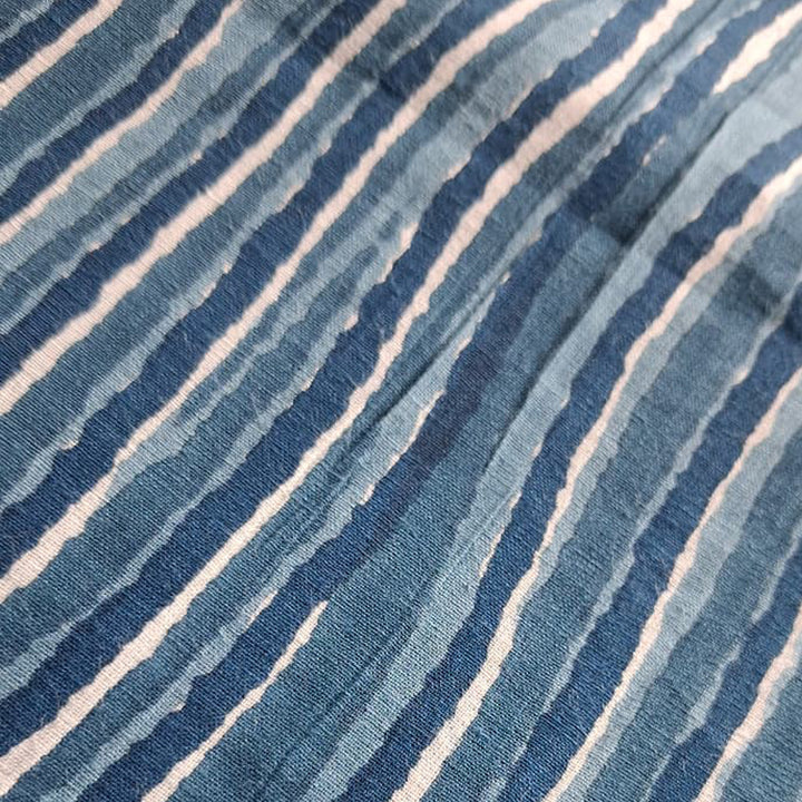Denim Blue With Stripes Printed Cotton Fabric