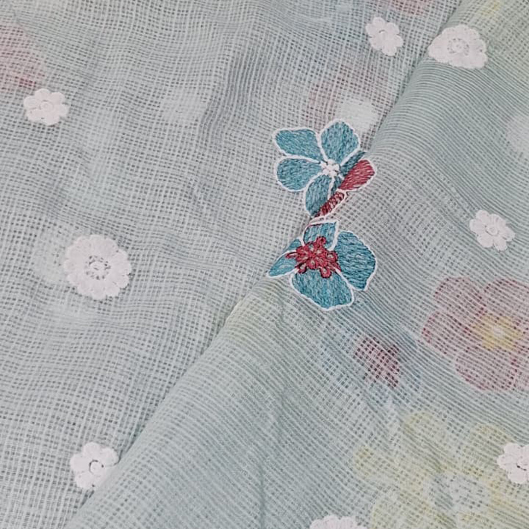 Kota Checks Embroidery Unstitched  Fabric |  Beautiful Flower Design | Perfect for Kurti, Gown, & Ethnic Wear (Patel Sky Blue)