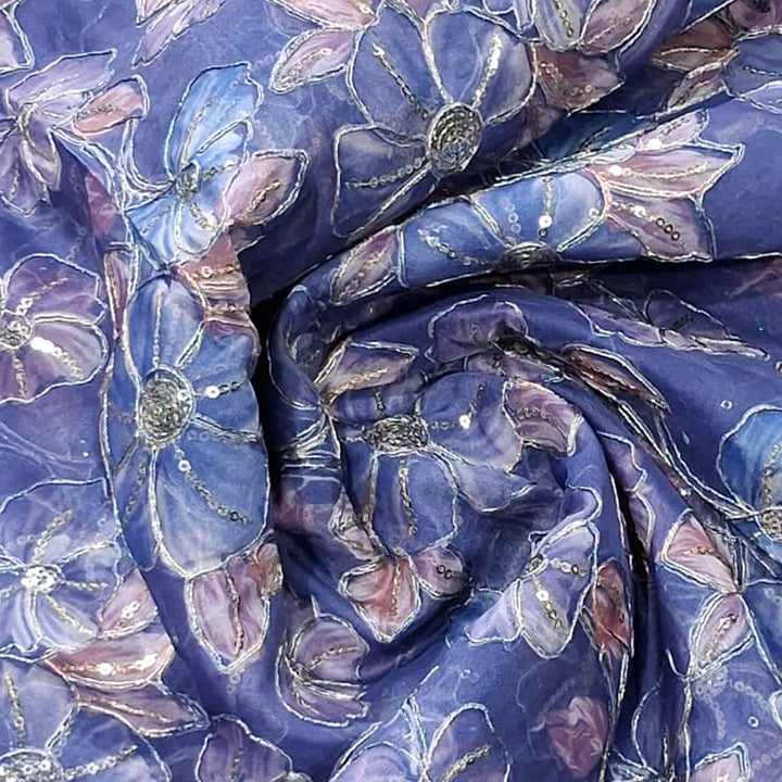 Royal Blue Elegant Organza Embroidered Fabric