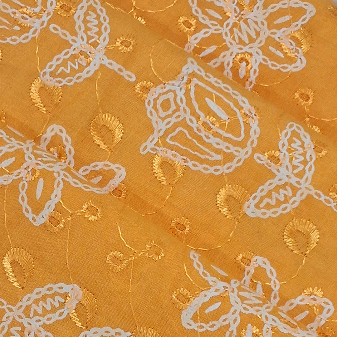 Cotton Chikan Fabric with White Tulip & Daisy Embroidery | Available in 3 Elegant Colors | Ideal for Ethnic Wear