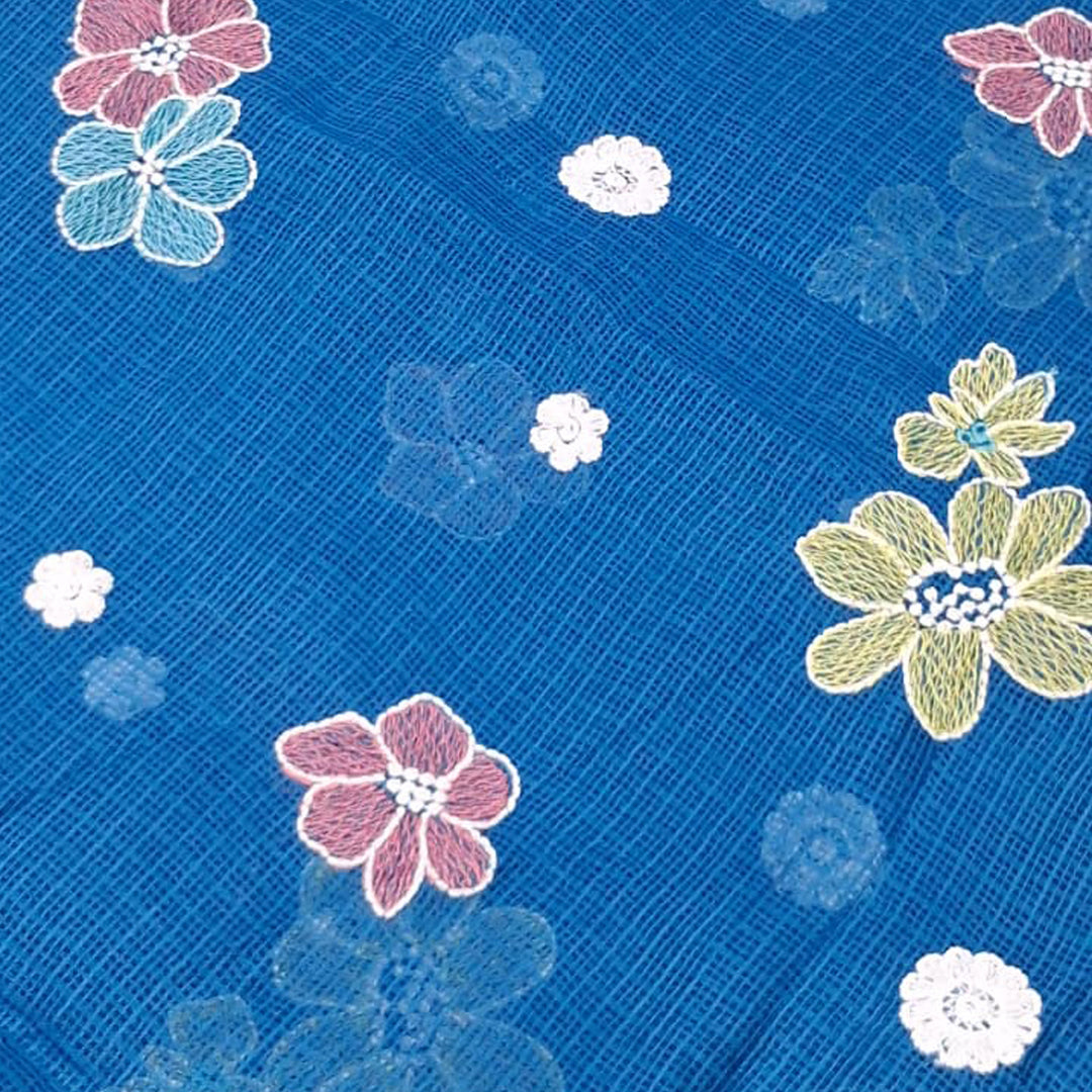 Kota Checks Embroidery Unstitched  Fabric |  Beautiful Flower Design | Perfect for Kurti, Gown, & Ethnic Wear (Peacock Blue)