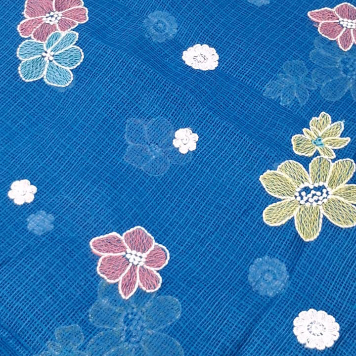 Kota Checks Embroidery Unstitched  Fabric |  Beautiful Flower Design | Perfect for Kurti, Gown, & Ethnic Wear (Peacock Blue)