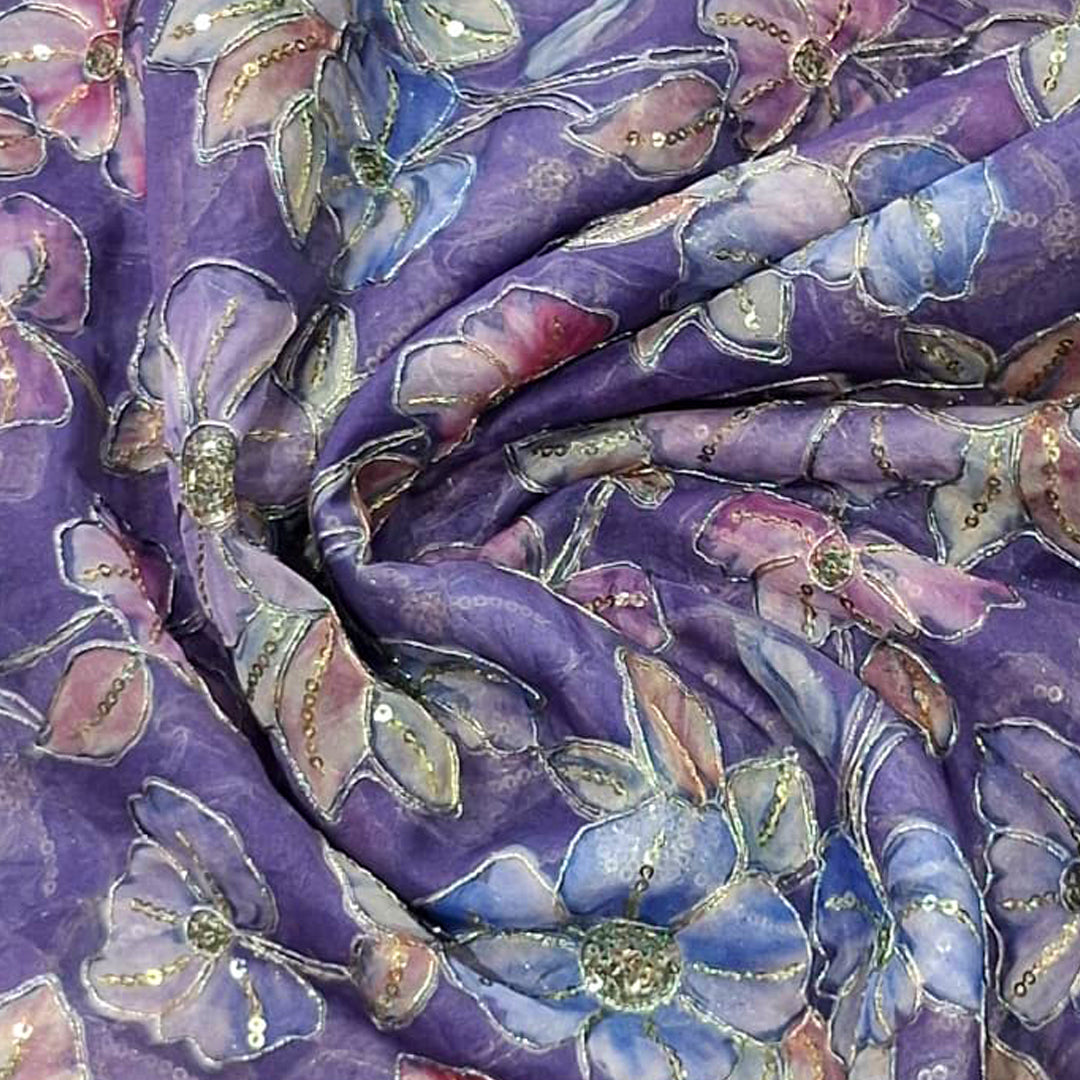 Dark Purple Elegant Organza Embroidered Fabric