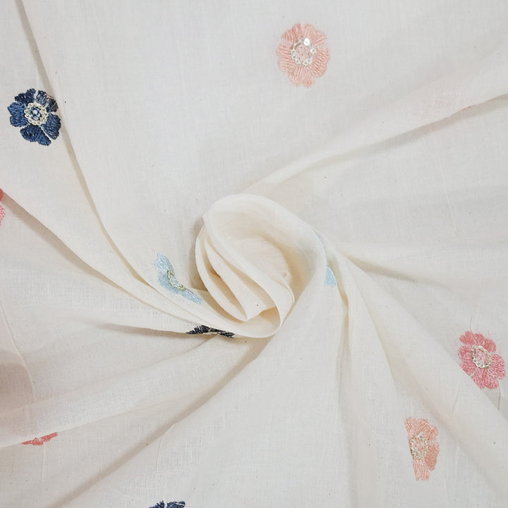 Kora Cotton Fabric with Beautiful Multicolour Floral Embroidery | Soft Handloom Look | Ideal for Kurtis, Blouses & Dupattas