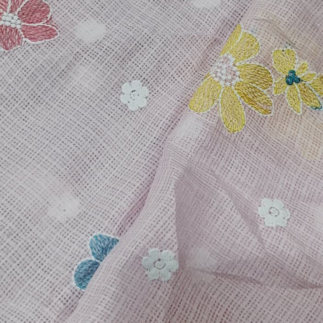 Kota Checks Embroidery Unstitched  Fabric |  Beautiful Flower Design | Perfect for Kurti, Gown, & Ethnic Wear (Baby Pink)