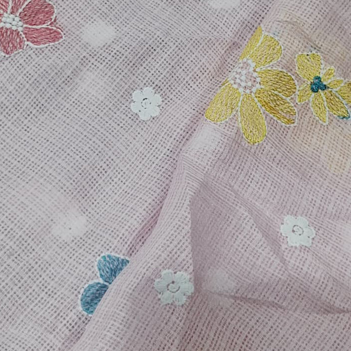 Kota Checks Embroidery Unstitched  Fabric |  Beautiful Flower Design | Perfect for Kurti, Gown, & Ethnic Wear (Baby Pink)