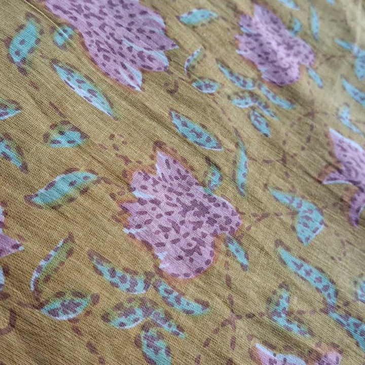 Mustard yellow with pink floral Printed Cotton Fabric