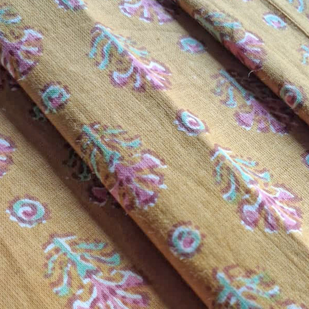 Mustard yellow with small floral Printed Cotton Fabric
