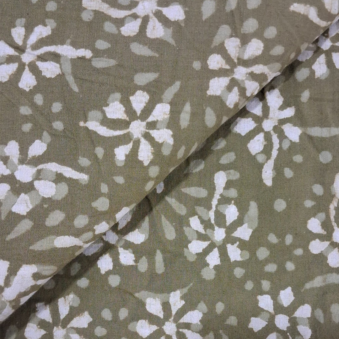 Mehandi Shade With White Flower Hand Block Dabu Cotton Fabric