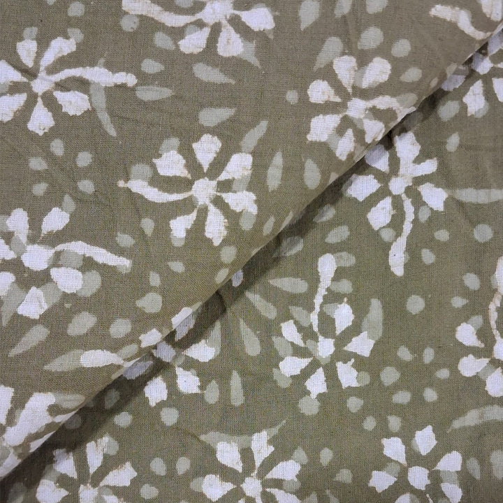 Mehandi Shade With White Flower Hand Block Dabu Cotton Fabric