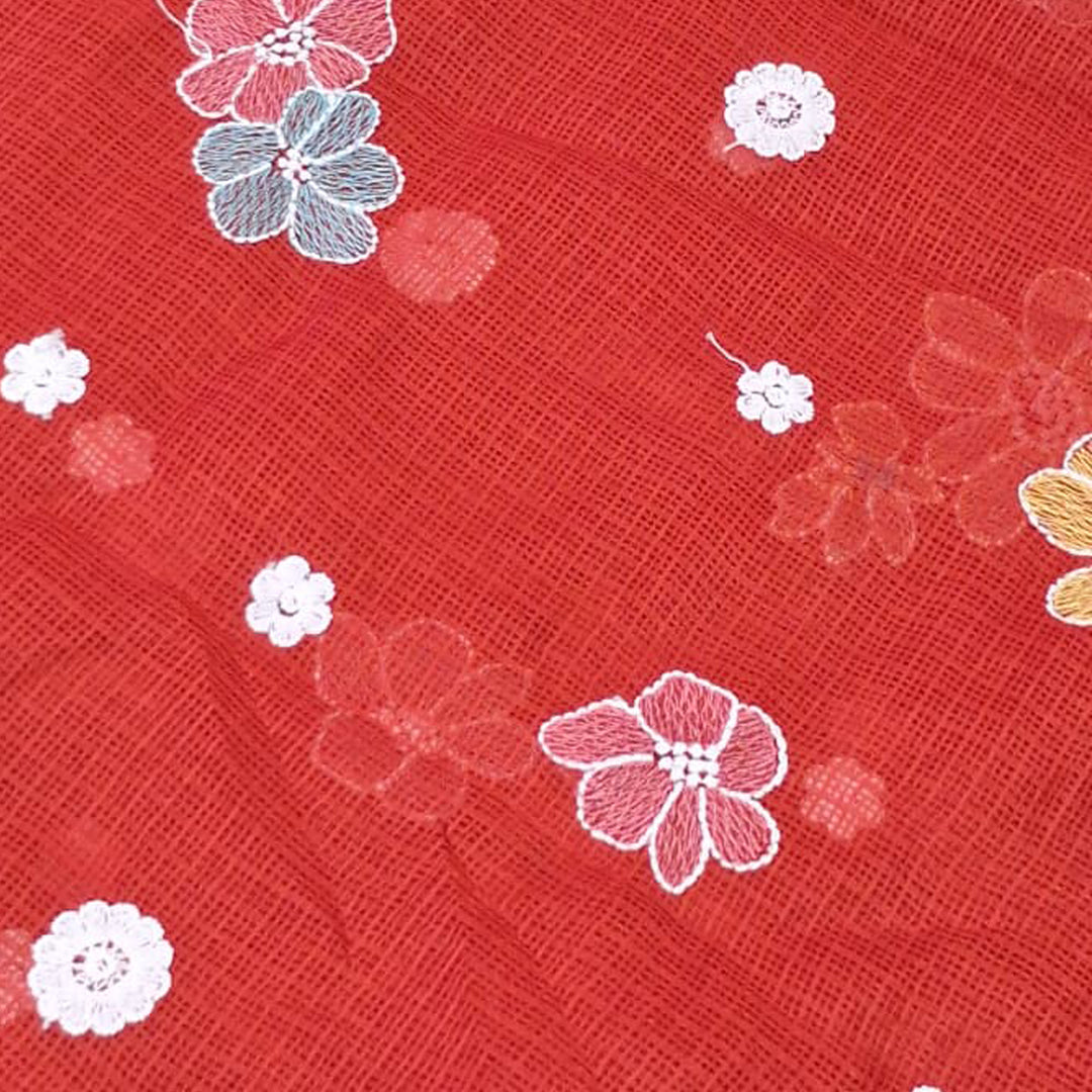 Kota Checks Embroidery Unstitched  Fabric |  Beautiful Flower Design | Perfect for Kurti, Gown, & Ethnic Wear (Dark Red)