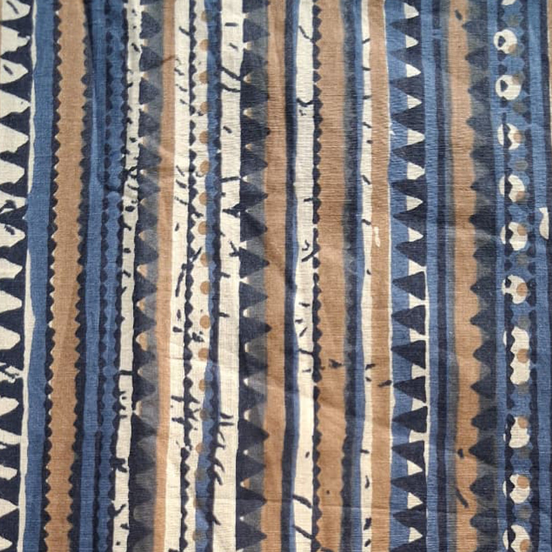 Beige Brown With mix blue Printed Cotton Fabric