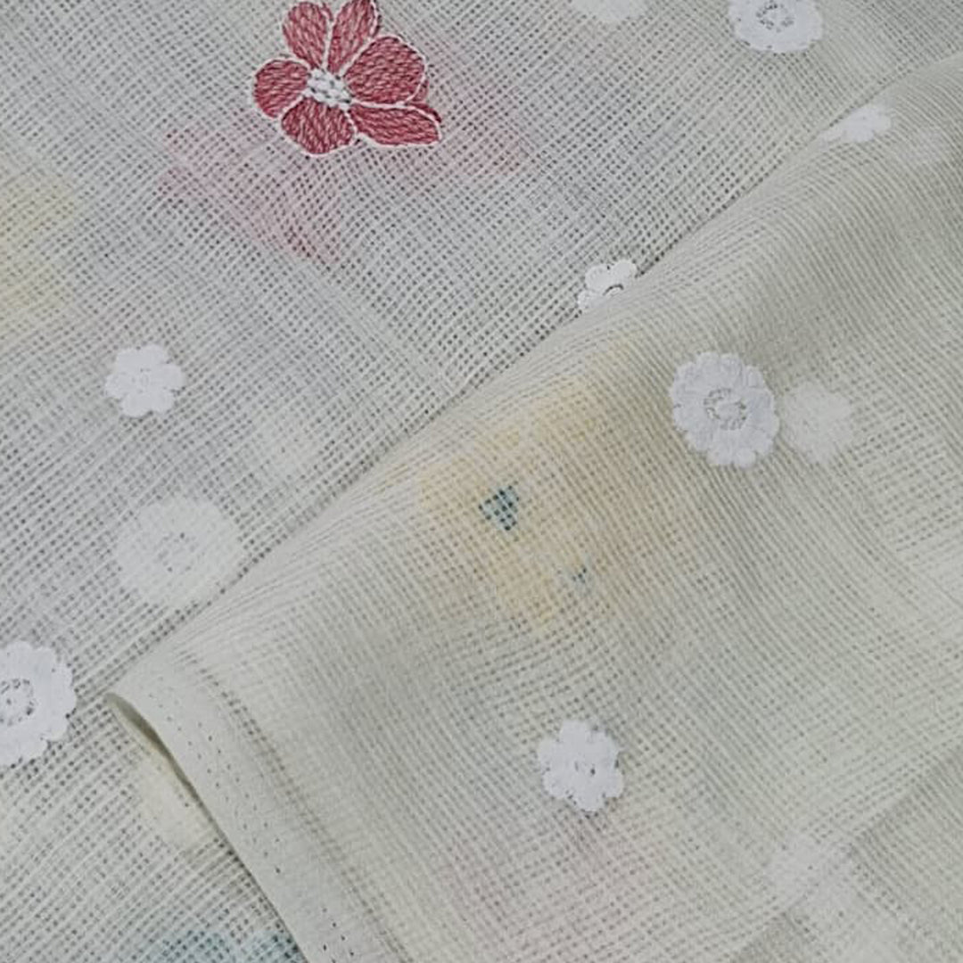Kota Checks Embroidery Unstitched  Fabric |  Beautiful Flower Design | Perfect for Kurti, Gown, & Ethnic Wear (Cream)