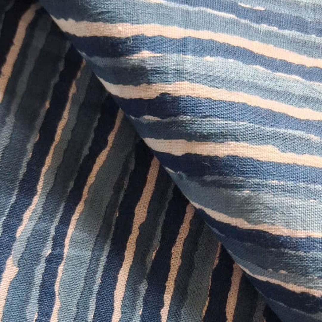 Denim Blue With Stripes Printed Cotton Fabric