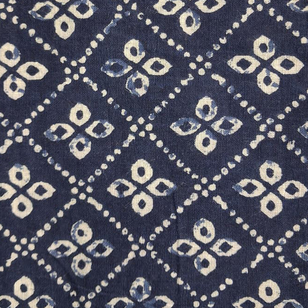 Navy Blue With White Floral Printed Cotton Fabric