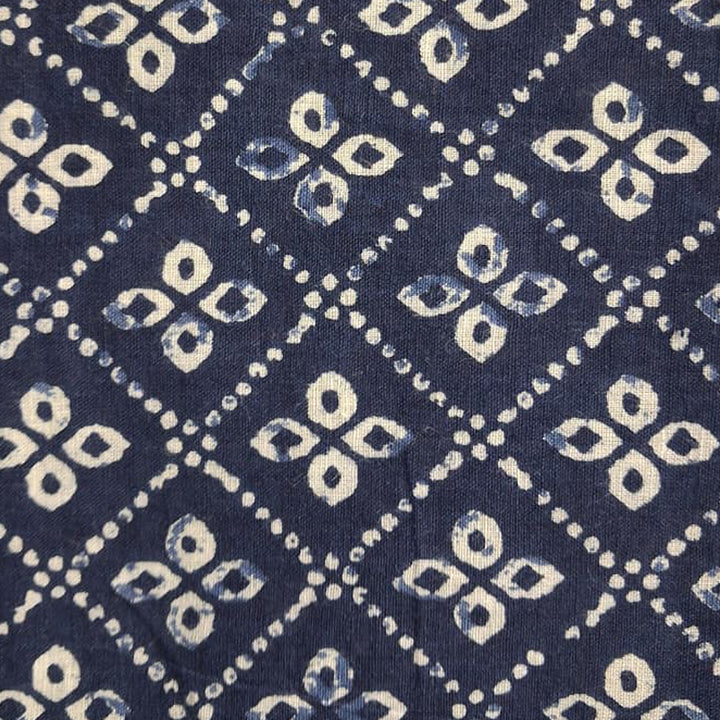 Navy Blue With White Floral Printed Cotton Fabric