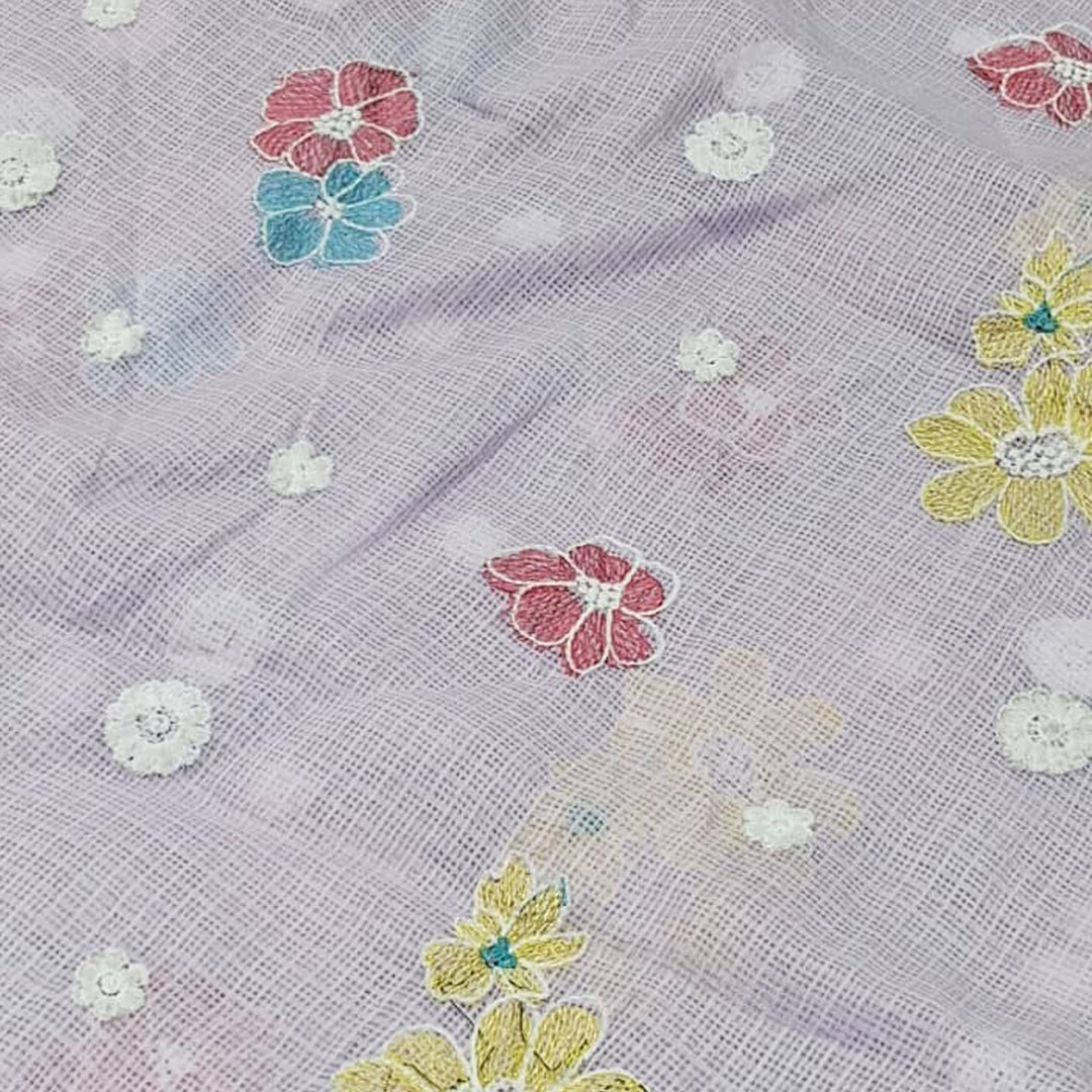 Kota Checks Embroidery Unstitched  Fabric |  Beautiful Flower Design | Perfect for Kurti, Gown, & Ethnic Wear (Lavender)