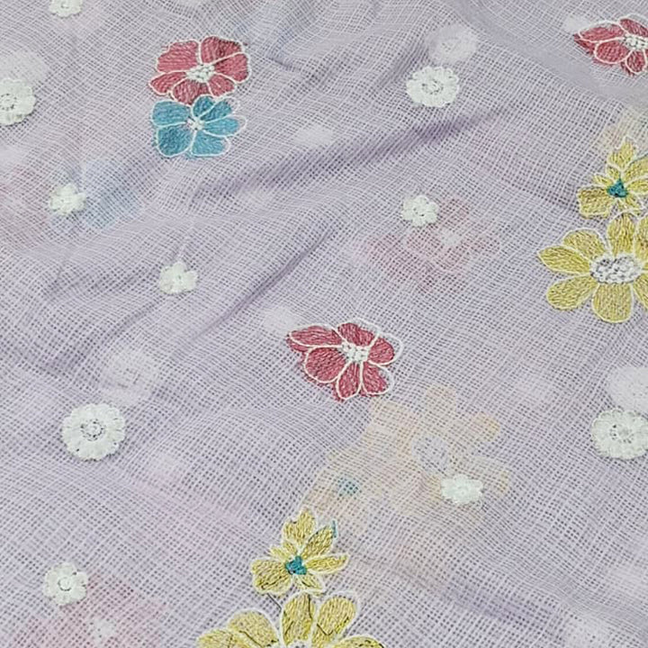 Kota Checks Embroidery Unstitched  Fabric |  Beautiful Flower Design | Perfect for Kurti, Gown, & Ethnic Wear (Lavender)