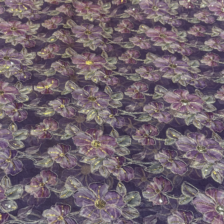 Lavender Plum Organza Embroidered Fabric