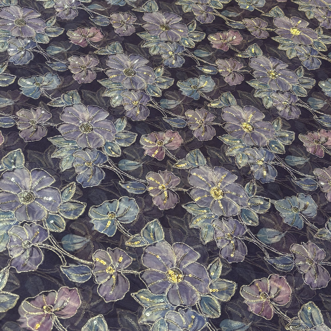 Dark Lavender Organza Embroidered Fabric