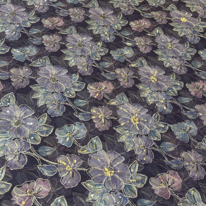 Dark Lavender Organza Embroidered Fabric