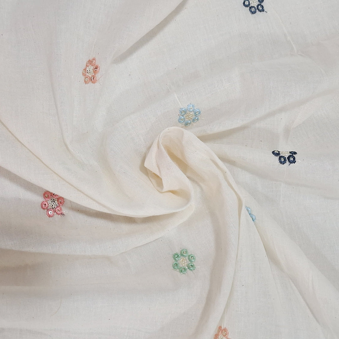 Kora Cotton Fabric with Delicate Multicolour Mini Flowers | Soft Handloom Look | Ideal for Kurtis, Blouses & Dupattas