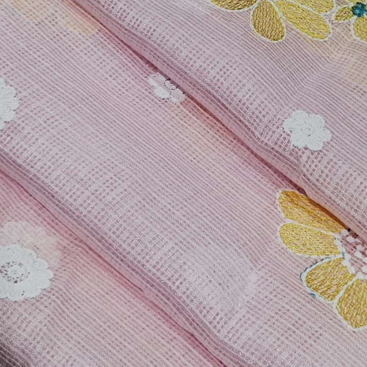 Kota Checks Embroidery Unstitched  Fabric |  Beautiful Flower Design | Perfect for Kurti, Gown, & Ethnic Wear (Baby Pink)