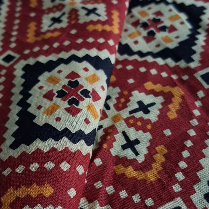 Red With Multicolor Printed Cotton Fabric
